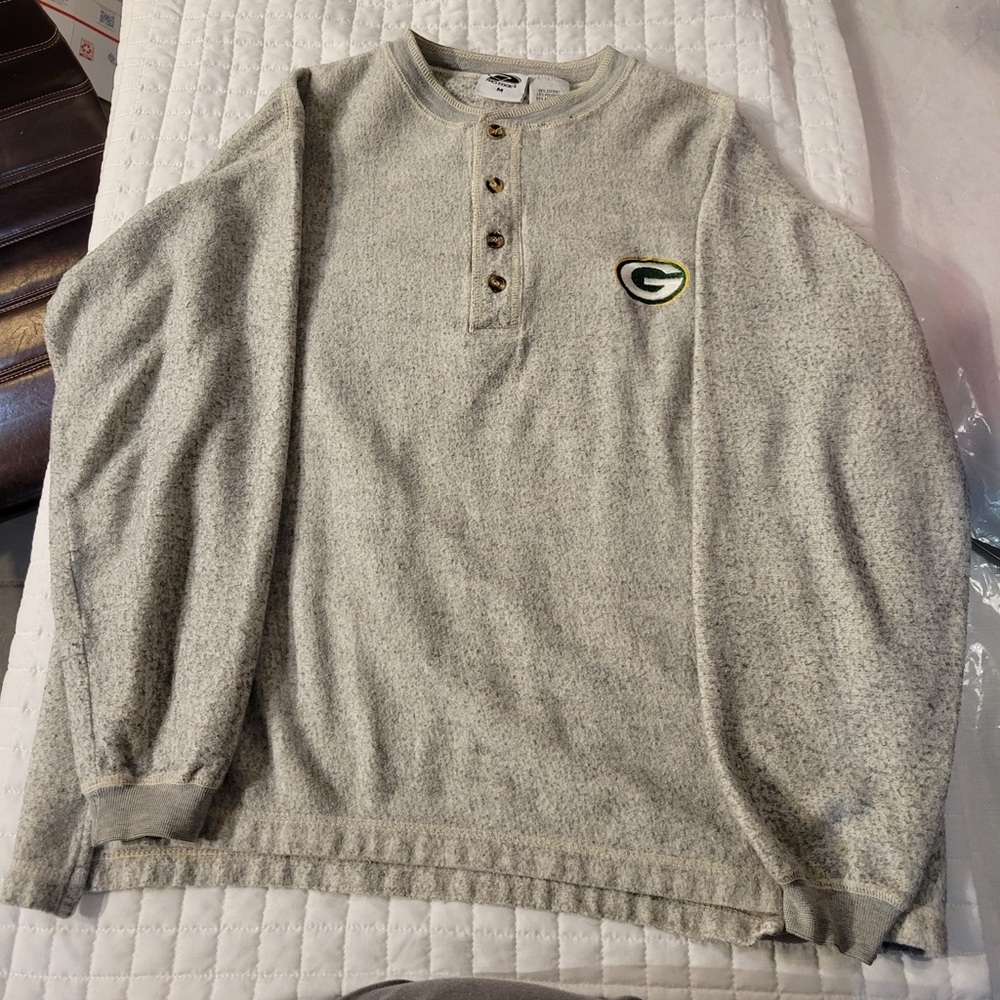 VTG 90 Green Bay Packers Henley-Style Shirt Heathered Gray Sweater Winter Fandom